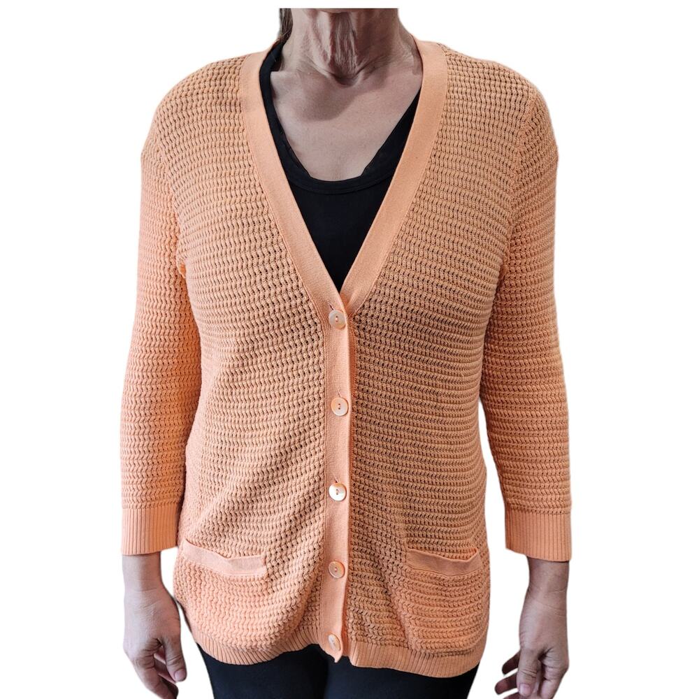 Jones New York Orange Cotton Cardigan L Waffle Knit Pastel Quietlux Capsule